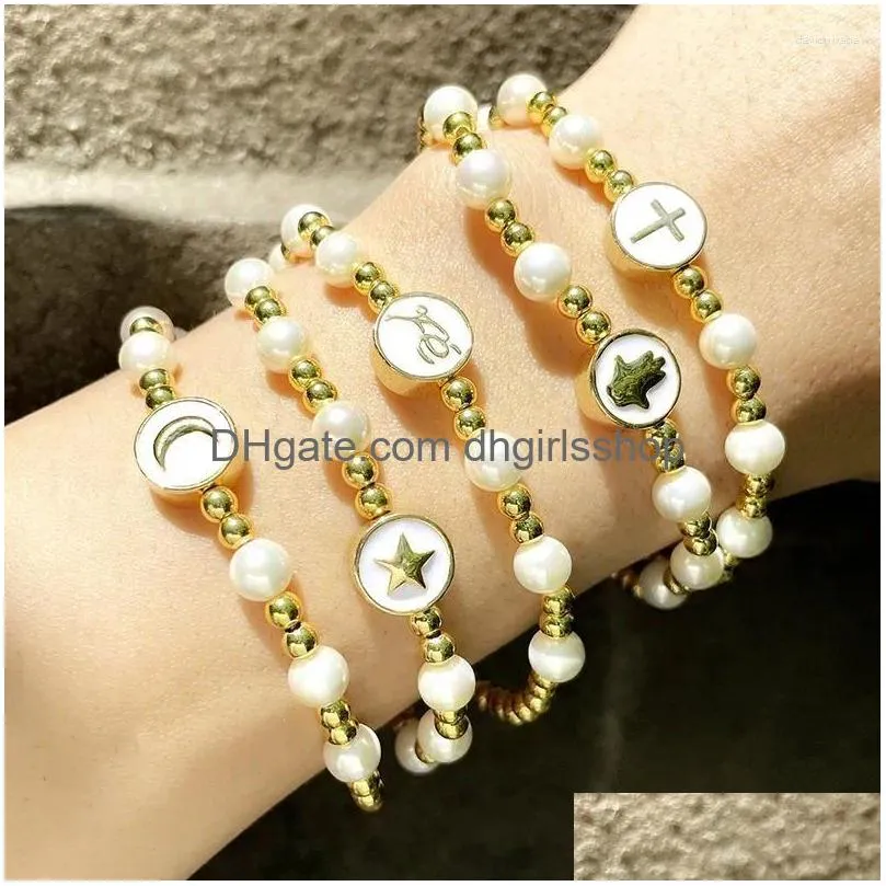 Chain Link Bracelets 5Pcs European And American Fashion Simple Niche Design Ins Wind Pearl Bracelet Female Cross Star Moon Elastic Gi Dhuwq