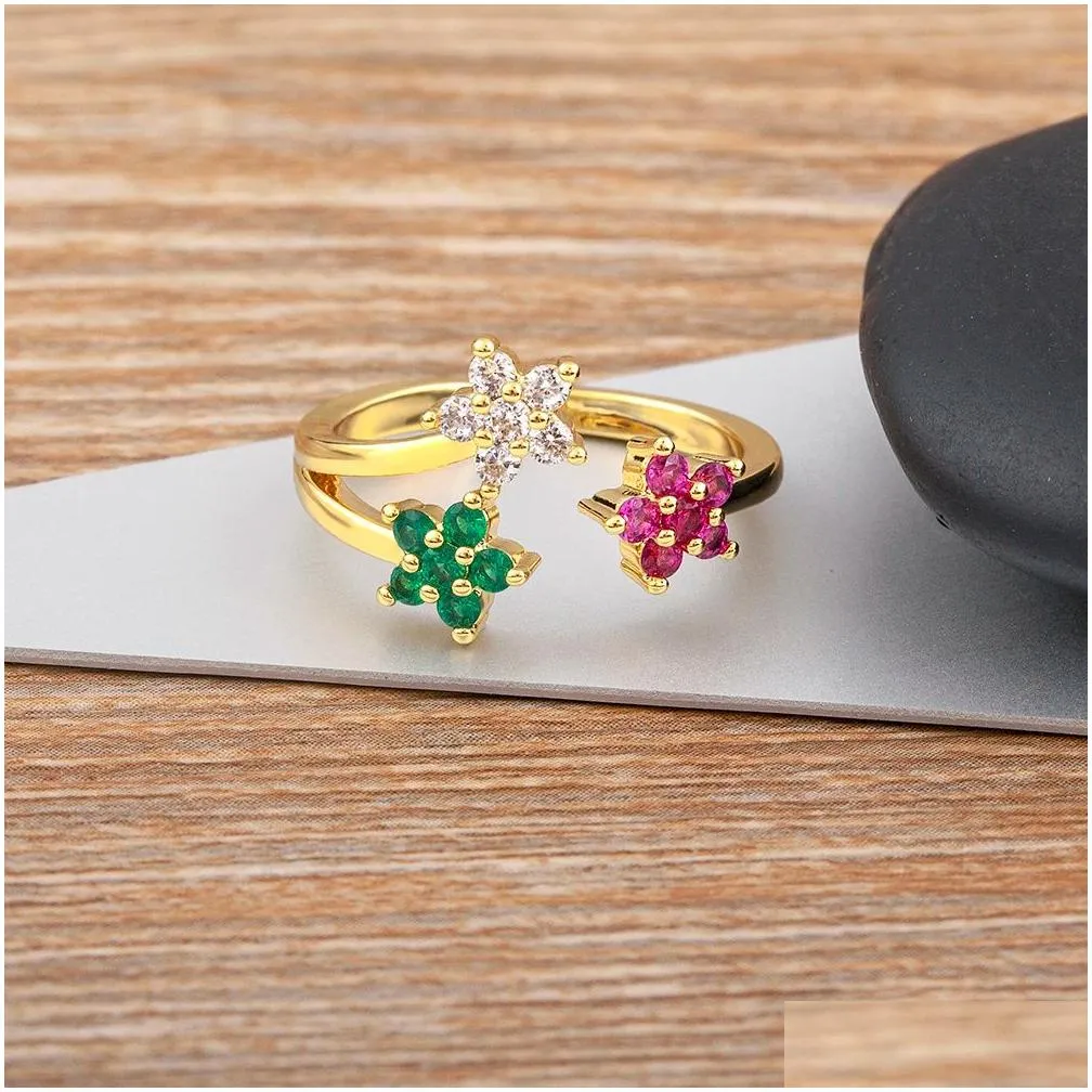 cute female crystal open adjustable ring charm 14k yellow gold women dainty bride flower zircon engagement jewelry party gift