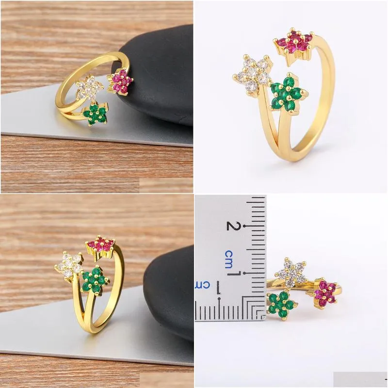 cute female crystal open adjustable ring charm 14k yellow gold women dainty bride flower zircon engagement jewelry party gift