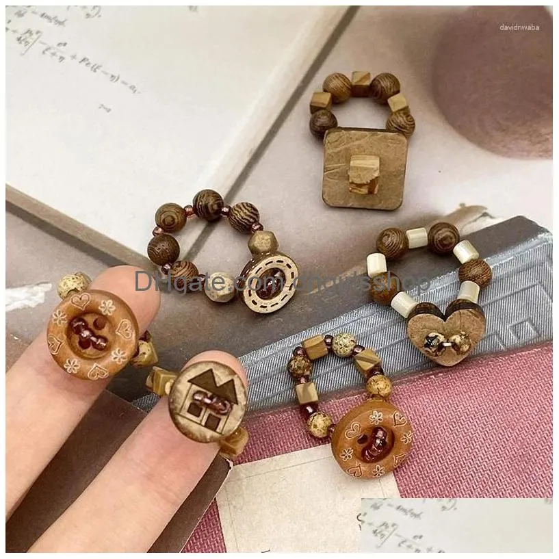 Cluster Rings Vintage Wooden Button Handmade Beaded Ring For Women Aesthetics Cool Charm Maillard Style Accessories Fashion Jewelry D Dhxpw