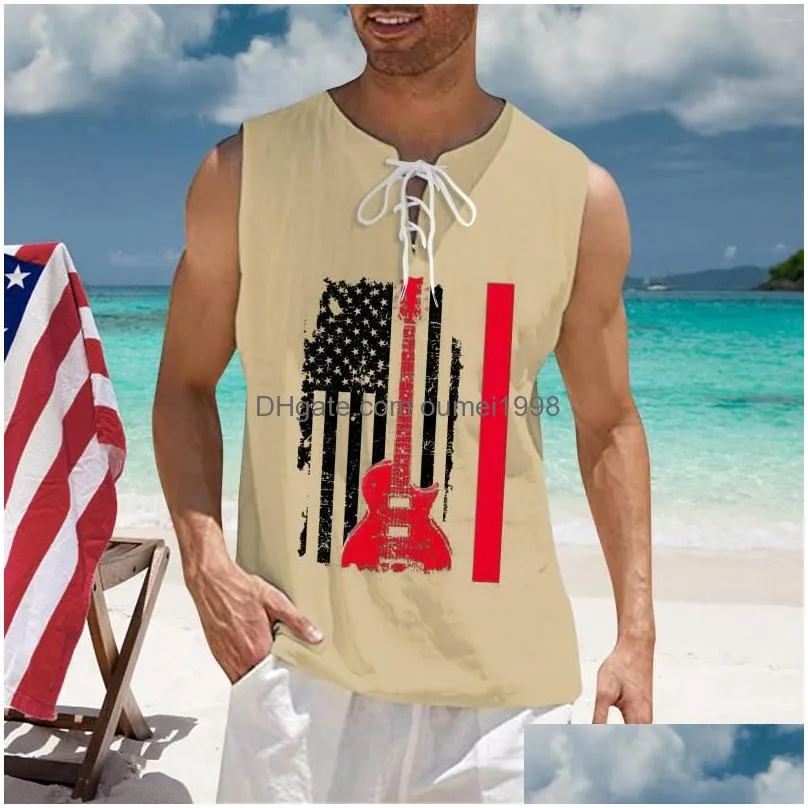 Men`S T-Shirts Mens T Shirts Stretch Fit Independence Day Digital 3D Printing Linen Fabric With Sleeveless Top Men Dark Shirt And Set Dhin4