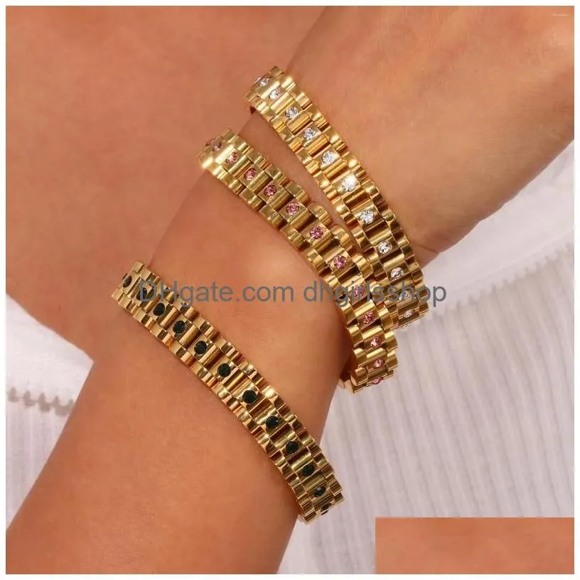 Chain Link Bracelets Quality Pink Crystal Green Zircon Stone Watchband Chain Bangles For Women Stainless Steel Gold Plated Bracelet D Dh4Ca