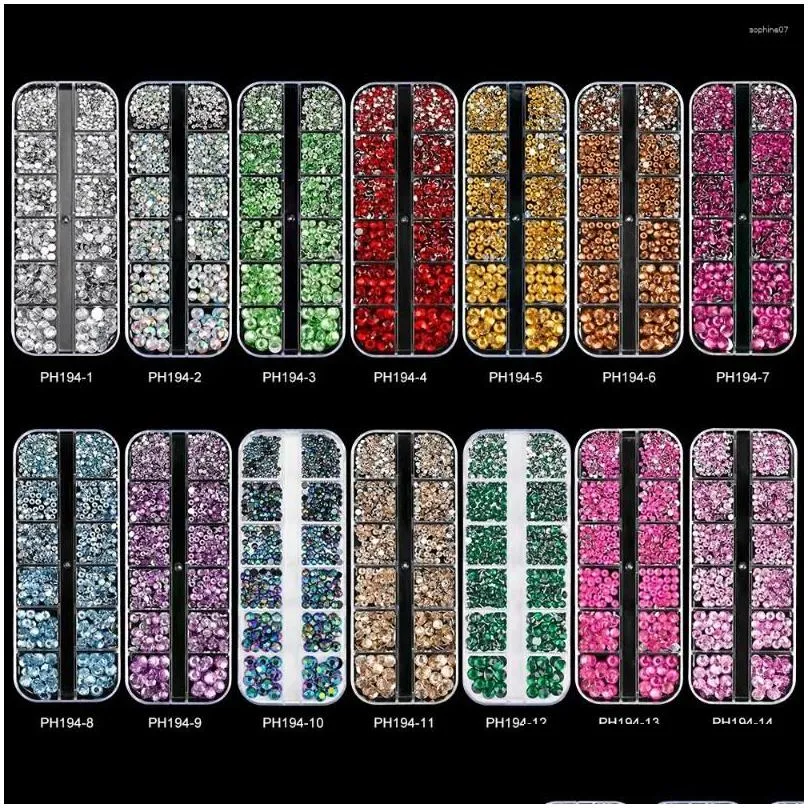 nail art decorations 12grids 3d glass crystal rhinestone non fix flatback round bead jewelry charm gem stones diamond manicure parts