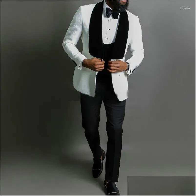 Men`S Suits & Blazers Mens Suits Jeltoin White Printed Costume Homme Men Black Veet Lapel Wedding Tuxedos Slim Fit Groom Prom Blazer Dhmlp