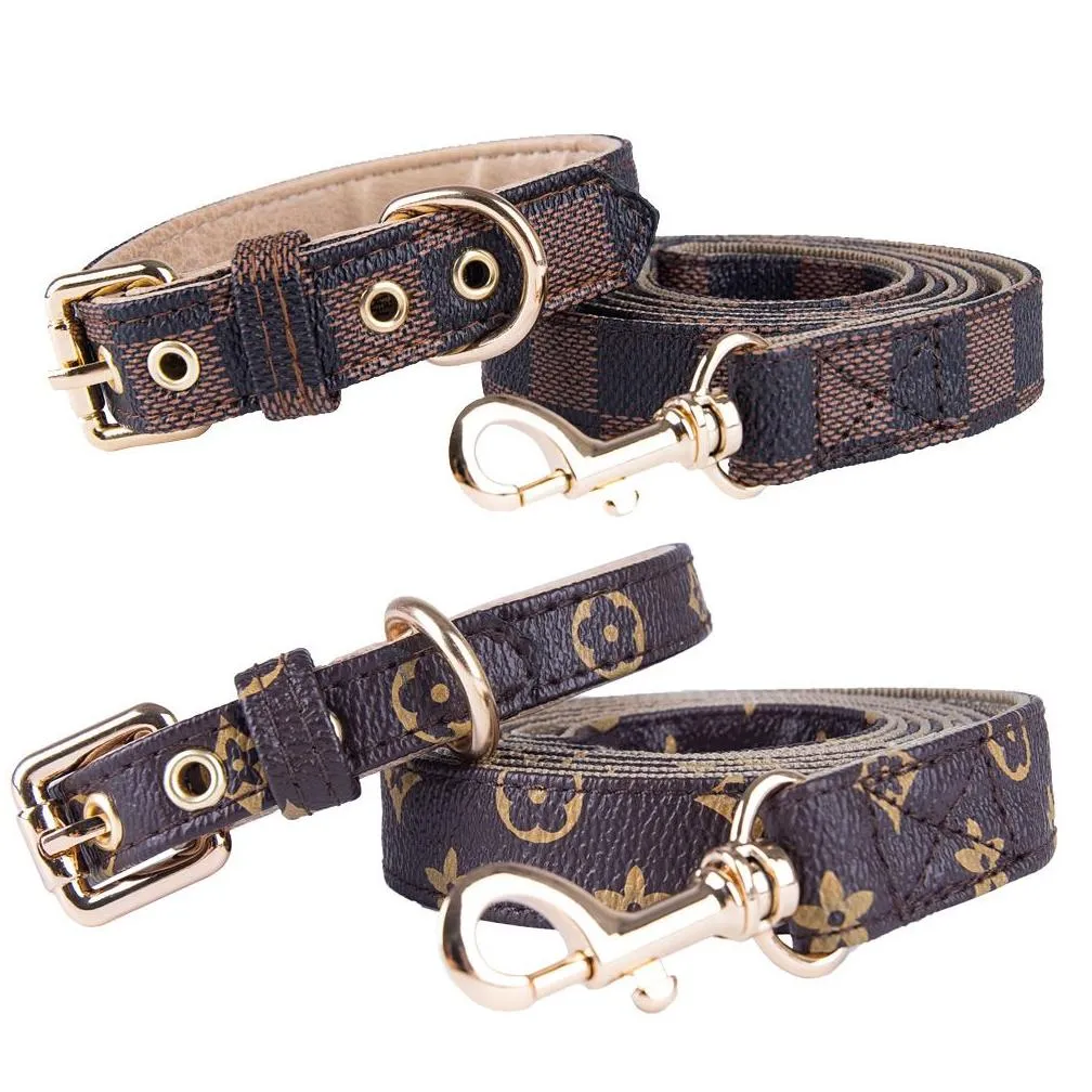 Dog Collars & Leashes 5Styles Adjustable Pu Leather Pet Collars Fashion Letters Print Old Flowers Leashes For Cat Dog Necklace Durable Dhctq