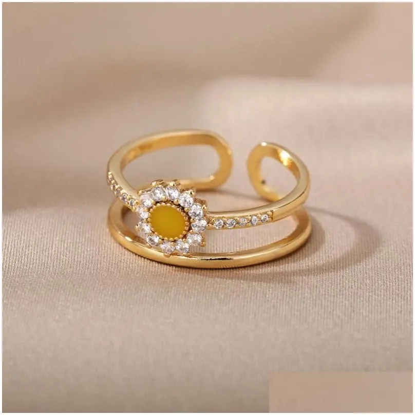 Cluster Rings Zircon Opal Sunflower For Women Open Adjustable Stainless Steel Gold Sier Color Finger Ring Couple Jewelry Anillos Drop Dhwvi