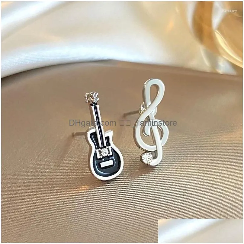 Dangle & Chandelier Dangle Earrings 2024 Mini Shining Rhinestone Guitar Stud For Women Girls Cute Cartoon Asymmetric Metal Note Gemet Otxee