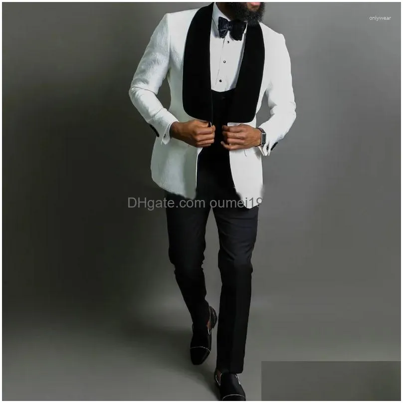 Men`S Suits & Blazers Mens Suits Jeltoin White Printed Costume Homme Men Black Veet Lapel Wedding Tuxedos Slim Fit Groom Prom Blazer Dhmlp