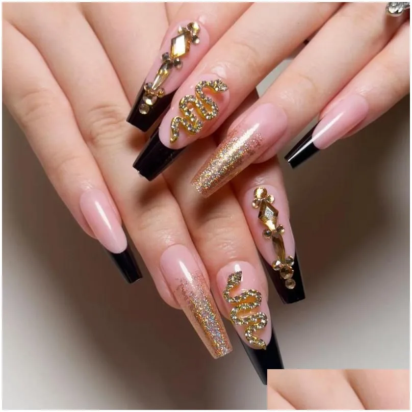 false nails 24pcs black fake beveled long french snake pattern wearing art finished fashion press on nail charms kit
