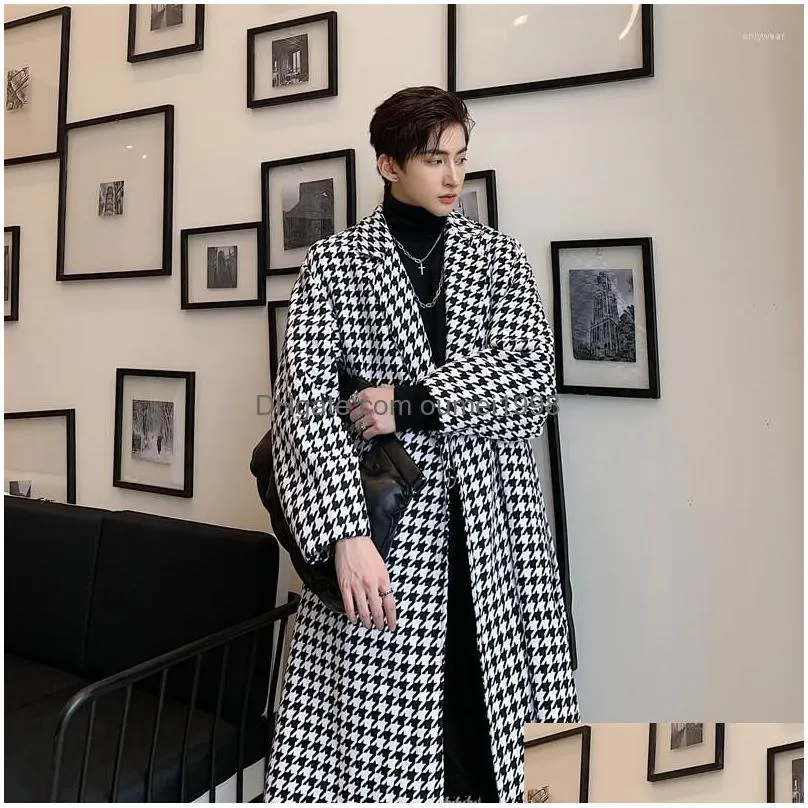 Men`S Wool & Blends Mens Wool 2023 Autumn Winter Korean Thick Temperament Houndstooth Long Woolen Coat Knee-Length British Style Windb Dhxwi