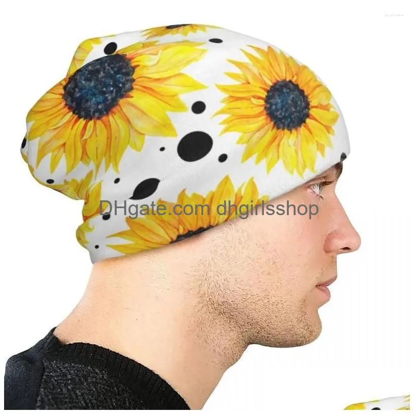 Berets Sunflower Bonnet Hat Knitting Hats Fashion Outdoor Flower Lover Sklies Beanies Uni Summer Head Wrap Caps Drop Delivery Dhc8O