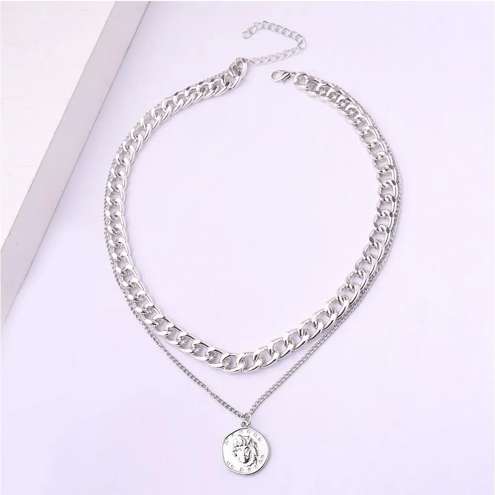 europe and the united states double chain geometric circle brand head necklace fashion personality collarbone chain i neck decoration woman