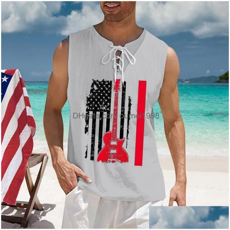 Men`S T-Shirts Mens T Shirts Stretch Fit Independence Day Digital 3D Printing Linen Fabric With Sleeveless Top Men Dark Shirt And Set Dhin4