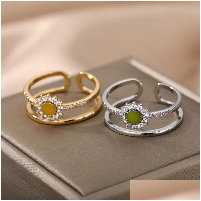 Cluster Rings Zircon Opal Sunflower For Women Open Adjustable Stainless Steel Gold Sier Color Finger Ring Couple Jewelry Anillos Drop Dhwvi
