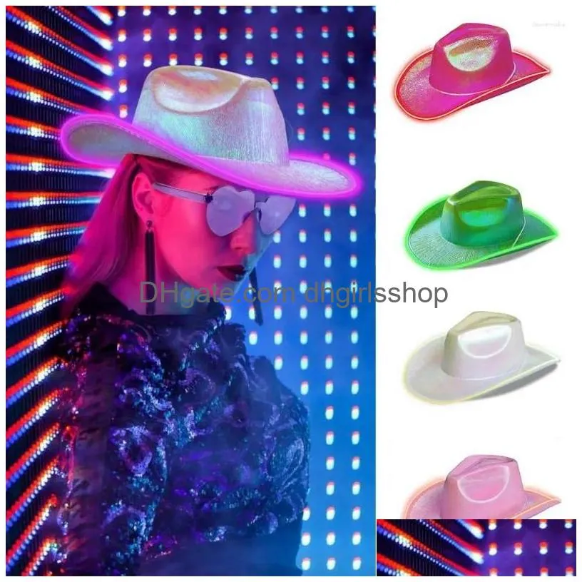 Berets Led Cowgirl Hat Lightweight Halloween Decorative Po Props Chic Holographic Light Jazz Drop Delivery Dhgz3