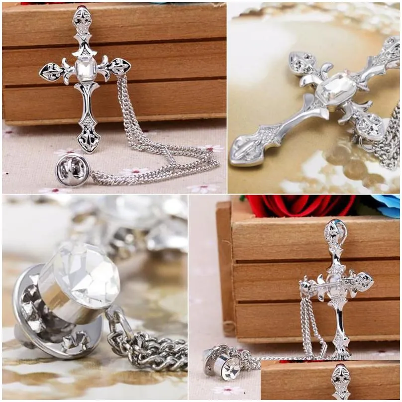 Pins, Brooches Pins Brooches Crystal Cross For Women Accessories Lovely Sier Color Tassel Chain Brooch Men Badge Broches Jewelry Fash Dhzbs