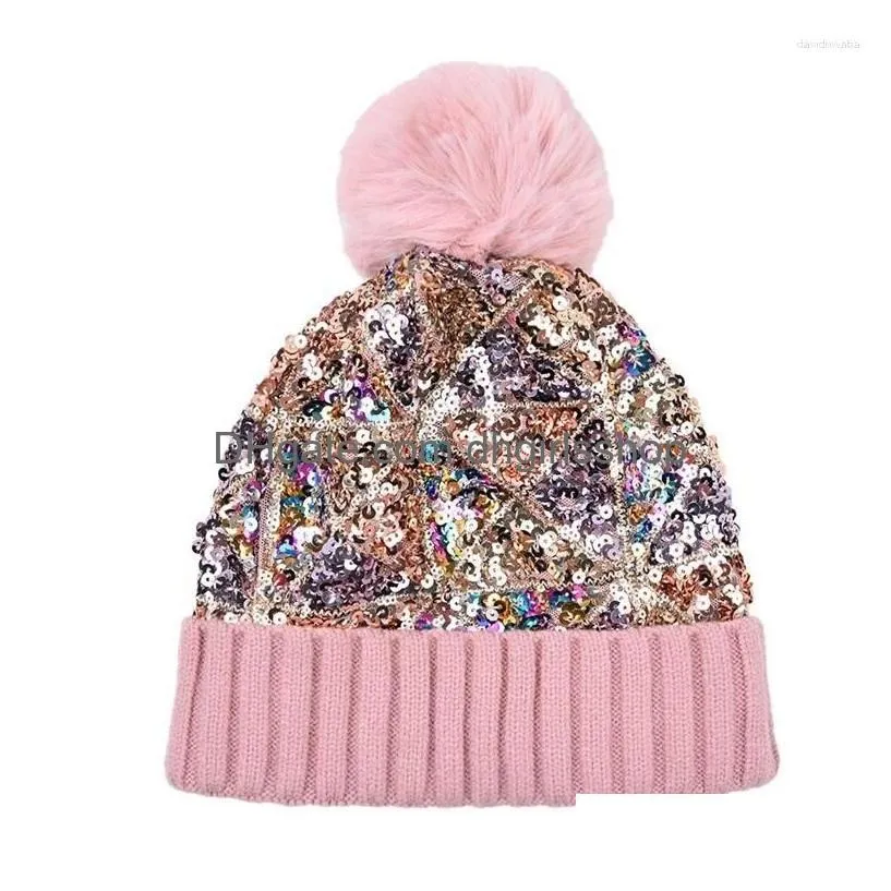 Berets Sequins Outdoor Knitting Keep Warm Women Pompom Hat Fashion Thickening Winter Cold Protection Knitted Beanie Drop Delivery Dh8Pb