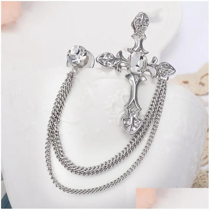 Pins, Brooches Pins Brooches Crystal Cross For Women Accessories Lovely Sier Color Tassel Chain Brooch Men Badge Broches Jewelry Fash Dhzbs