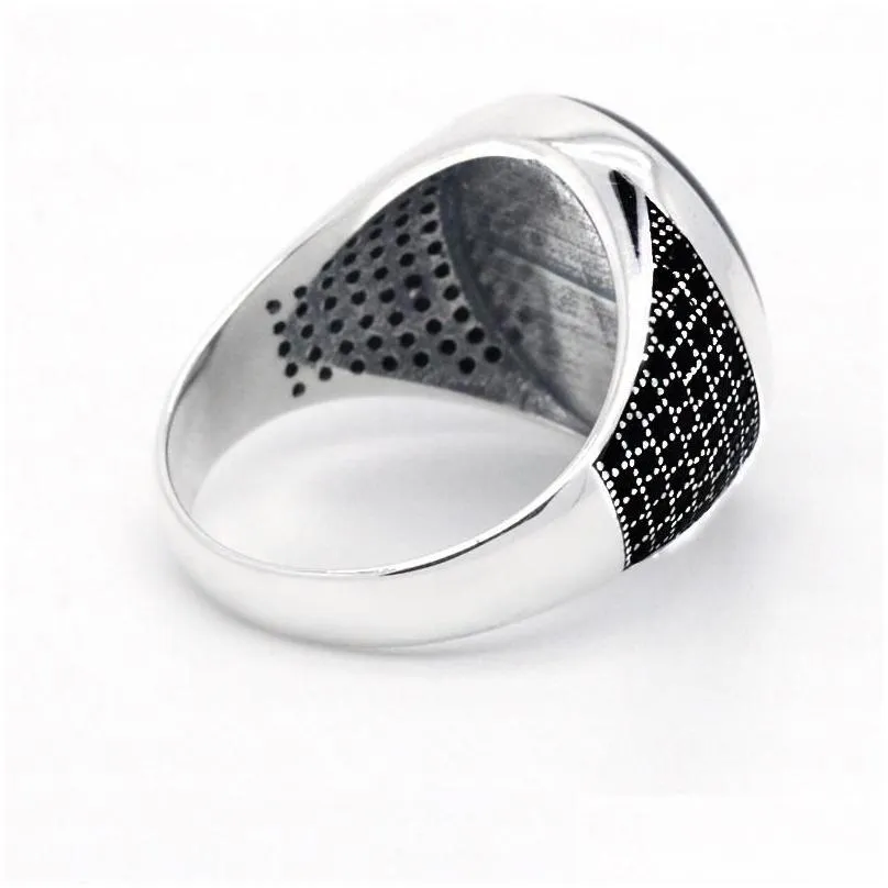 Cluster Rings Pure 925 Sterling Sier Man Ring With Oval Black Enamel Thai Women Male Fine Jewelry Couple Gift Simple Design Drop Deli Dhgdx