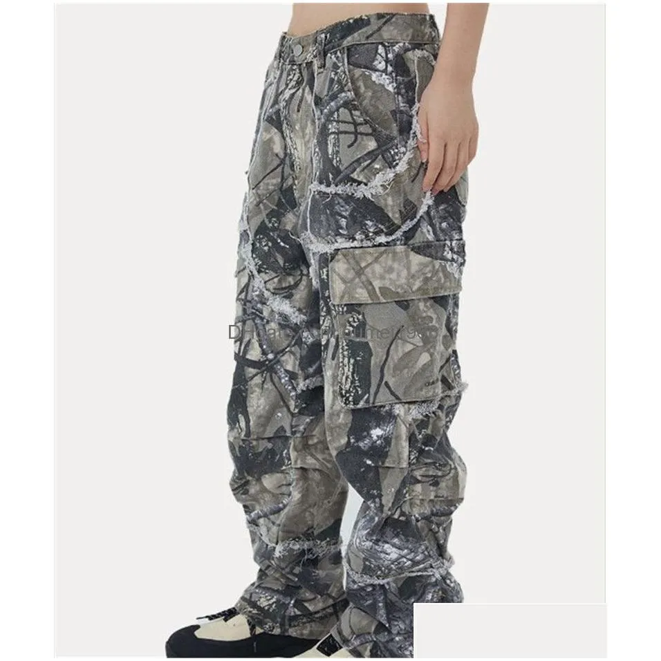 Men`S Pants Mens Pants Spring Summer Hip-Hop Fashion Camouflage Printed Jeans Straight Wide Leg Loose Wearproof Handsome Drop Deliver Dhkoj