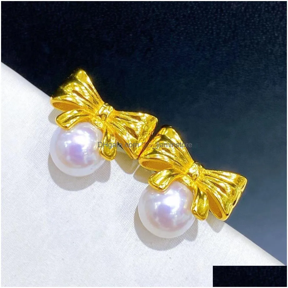 Stud 22090905 Diamondbox -Jewelry Earrings Ear Studs White Pearl Sterling 925 Sier Bow Knot Ribbon Aka 6.5-7 Mm Round Gift Girl Au750 Otnik