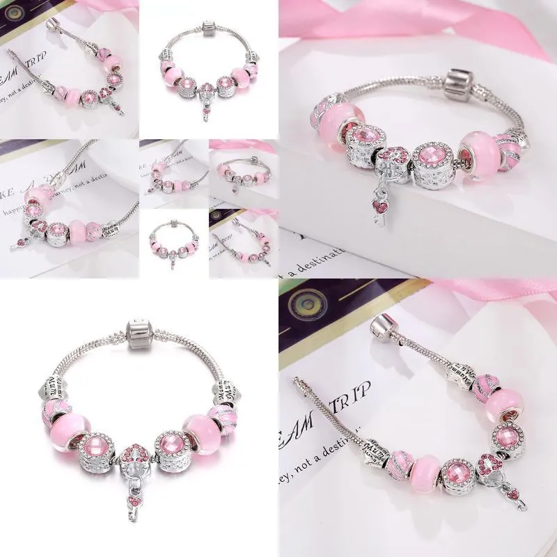 pan home diy bracelet pink series love key pendant pink spiral accessories glass beads