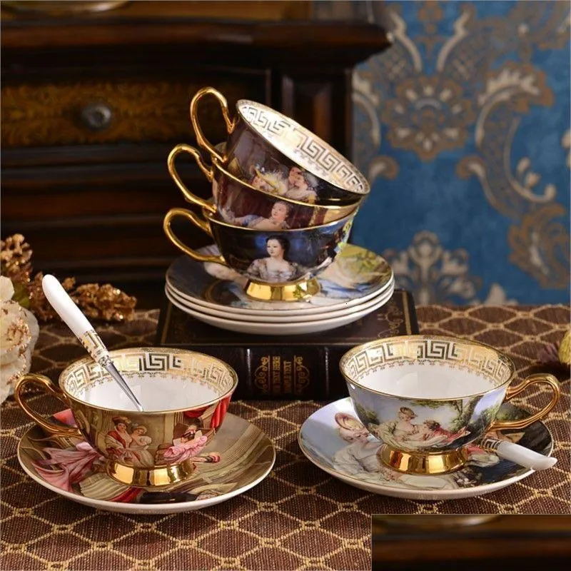 Mugs Coffee Cup Set Porcelain Tea Sets Luxury Gift Bone China Ceramic Cafe Wedding Decoration Drinkware 230707 Drop Delivery Dhsse