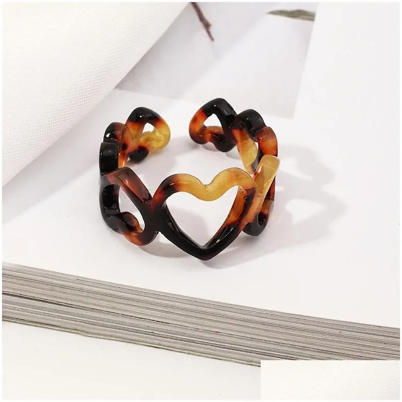 Cluster Rings Leopard Heart Vintage Colorf Plastic Twisted Hollow Finger Ring Geometric Opening Resin Acetic Acid Acrylic Drop Delive Dha2G