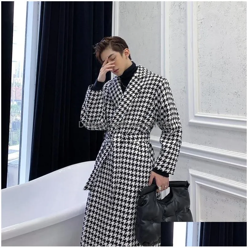 Men`S Wool & Blends Mens Wool 2023 Autumn Winter Korean Thick Temperament Houndstooth Long Woolen Coat Knee-Length British Style Windb Dhxwi