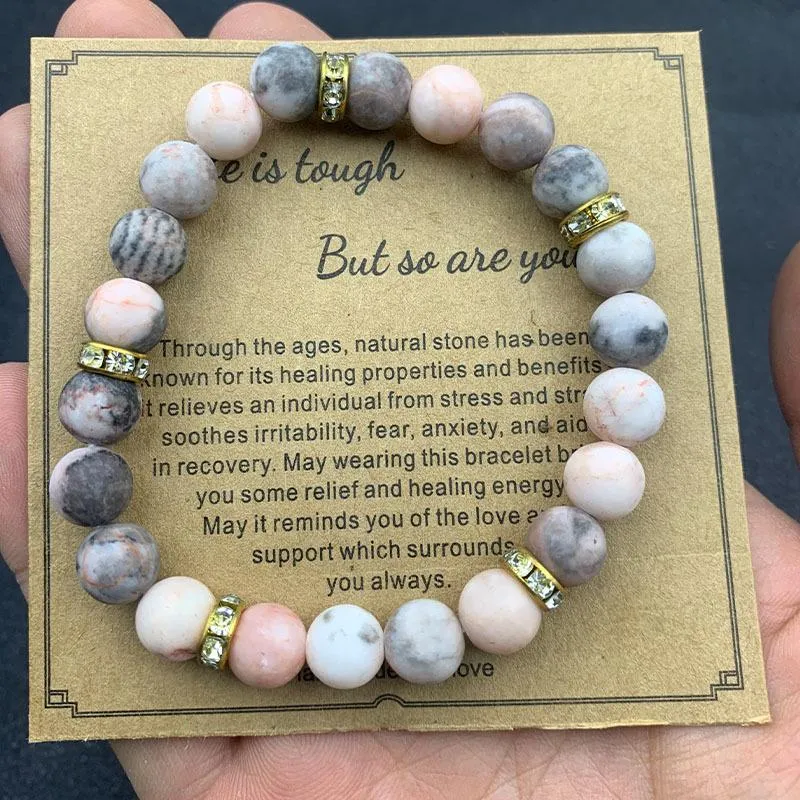 8mm pink zebra stone bead bracelet with card holiday gift men and women friendship love beaded bracelet