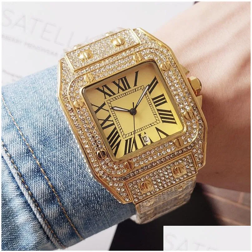Women`S Watches Iced Out Watches For Men And Women Fl Diamond Strap Quartz Movement Fashion Dress Watch Date Waterproof Analog High Q Dhwos
