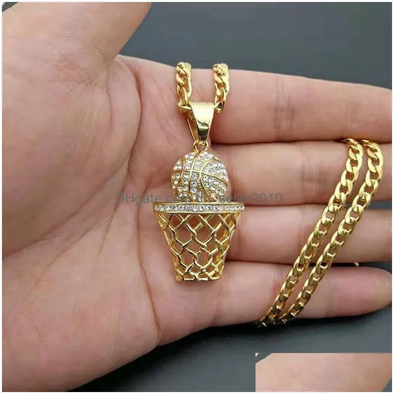 Pendant Necklaces Hip Hop Rhinestones Paved Bling Iced Out Gold Stainless Steel Basketball Basket Pendants Necklace Men Rapper Jewelr Dh80T