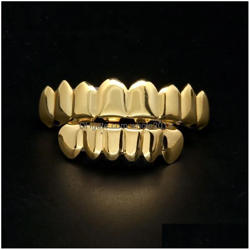 Grillz, Dental Grills Mens Gold Grillz Teeth Set Fashion Hip Hop Jewelry High Quality Eight 8 Top Tooth Six 6 Bottom Grills Drop Deli Dh1Qe