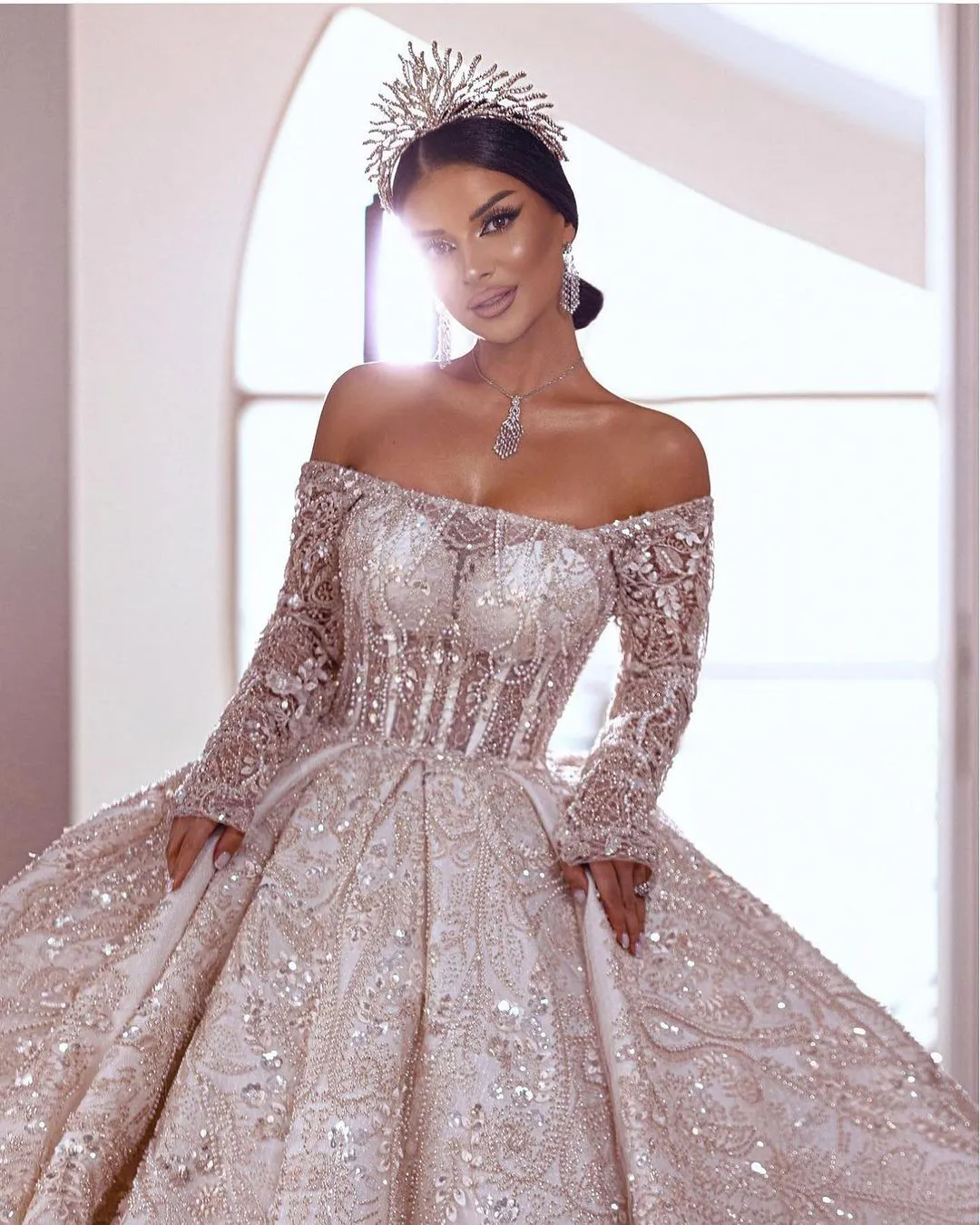 Glitter Beading Wedding Dresses Ball Gown Glamorous Off The Shoulder Sequined Lace Vestido De Noiva Custom Made Bridal Dress