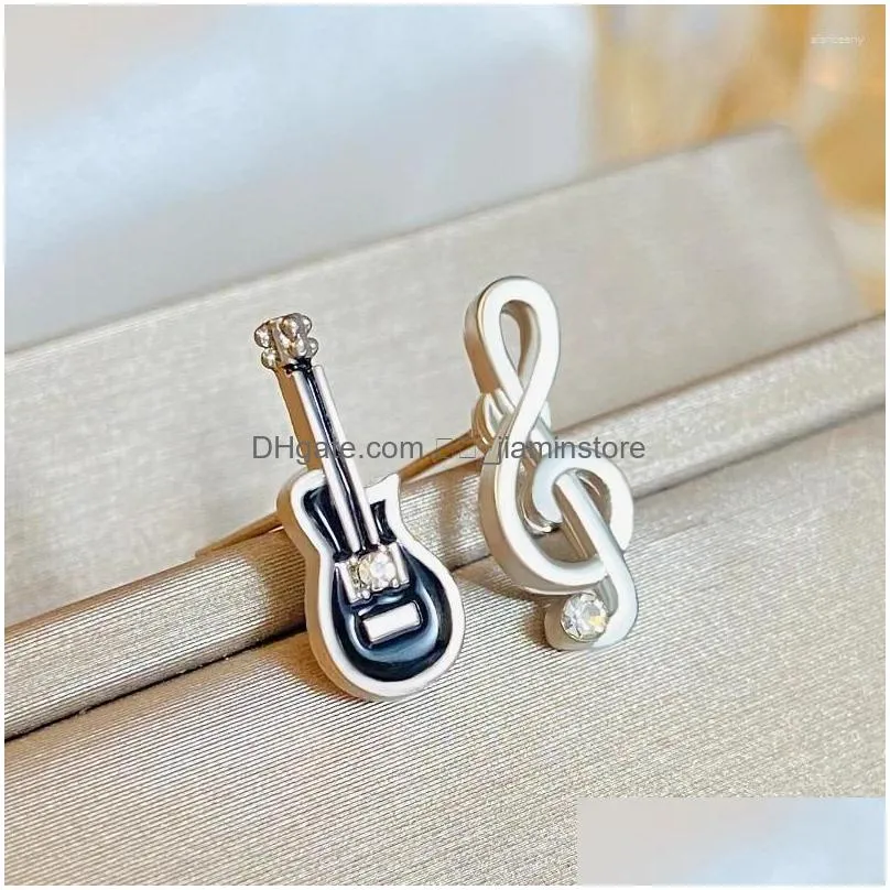 Dangle & Chandelier Dangle Earrings 2024 Mini Shining Rhinestone Guitar Stud For Women Girls Cute Cartoon Asymmetric Metal Note Gemet Otxee