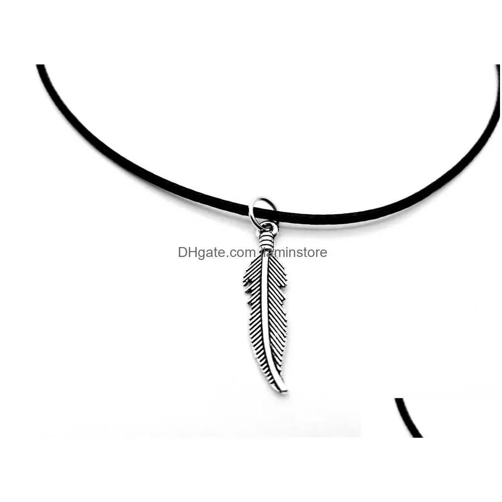 Pendant Necklaces Angel Long Feather Necklace Nature Pot Leaf Vine Plant Olive Tree Fallen Leather Rope Jewelry Drop Delivery Dhe75