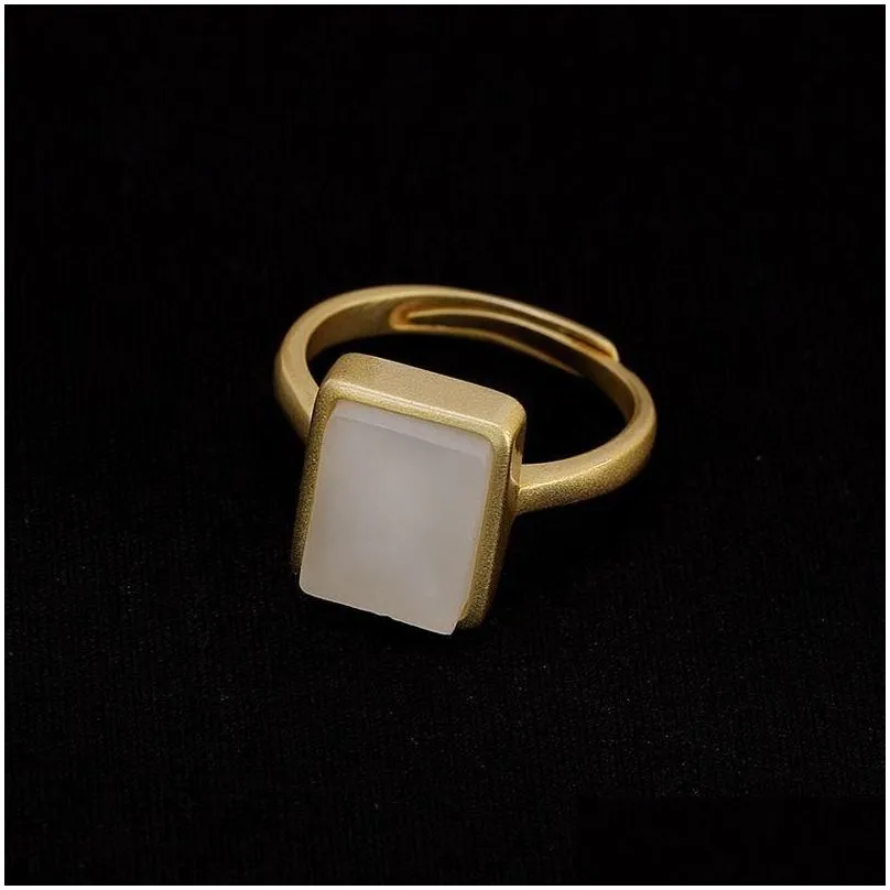 Cluster Rings Sier Inlaid Natural Hetian White Jade Square Geometric Opening Adjustable Ring Chinese Style Retro Luxury Womens Drop D Dhgyb