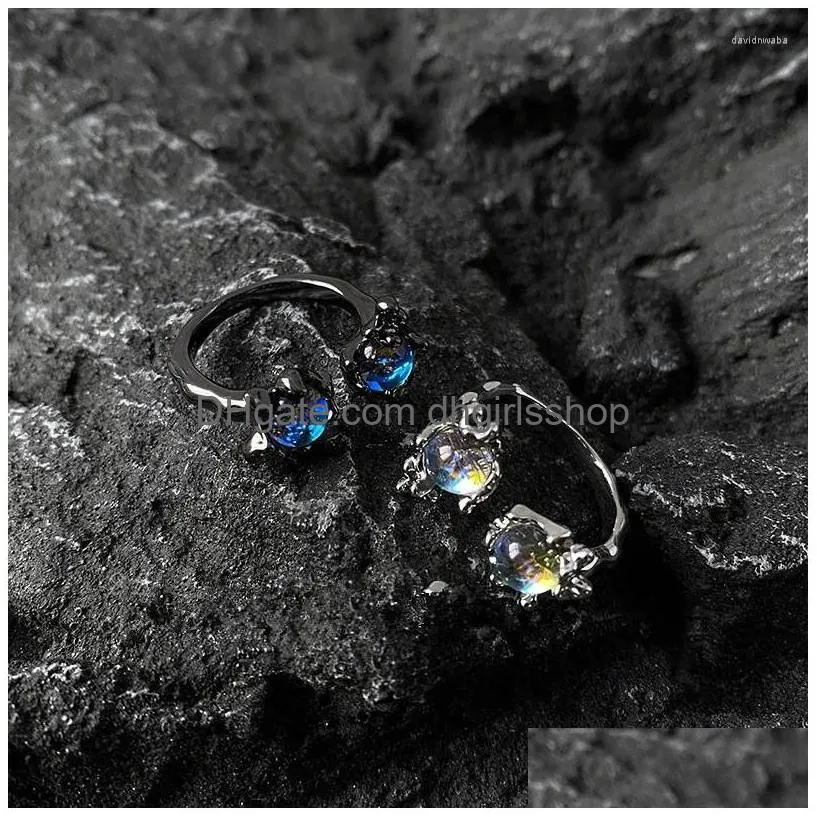 Cluster Rings Elegant White Blue Opal Natural Stone Ring For Women Vintage Geometric Aesthetic Egir Hollow Open Finger Trendy Jewelry Dhkjx