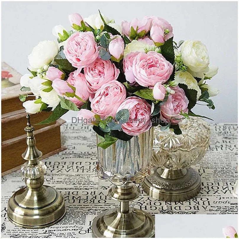 30cm rose pink silk peony artificial flowers bouquet big head and 4 bud fake flowers for home wedding decoration indoor y063302s