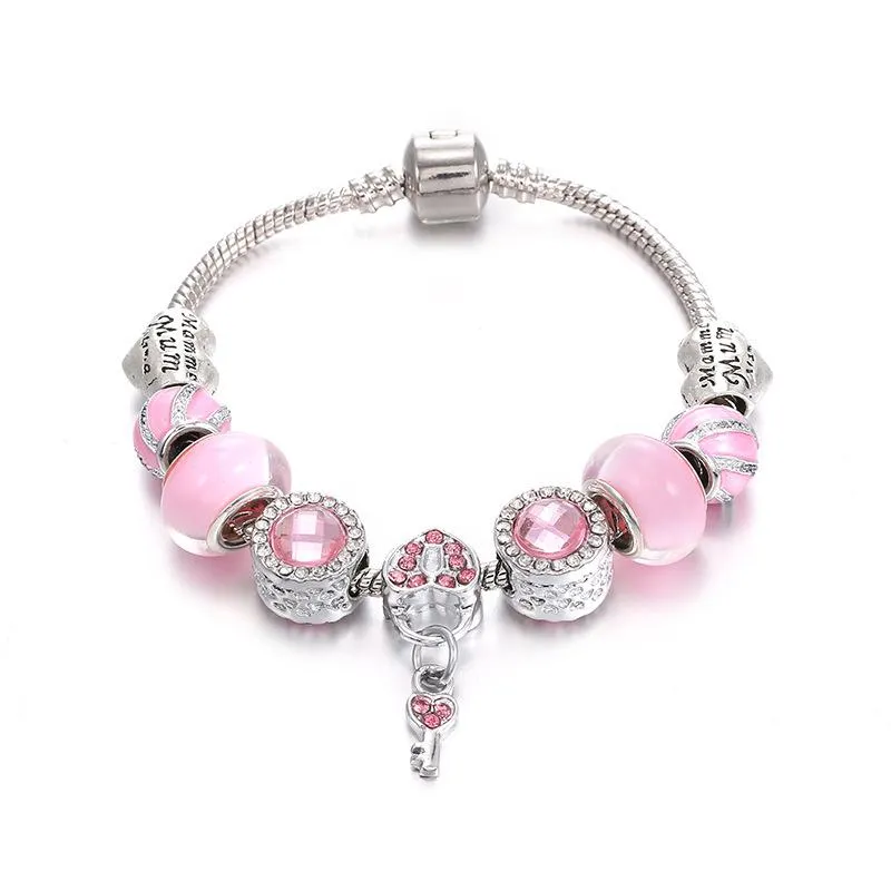 pan home diy bracelet pink series love key pendant pink spiral accessories glass beads