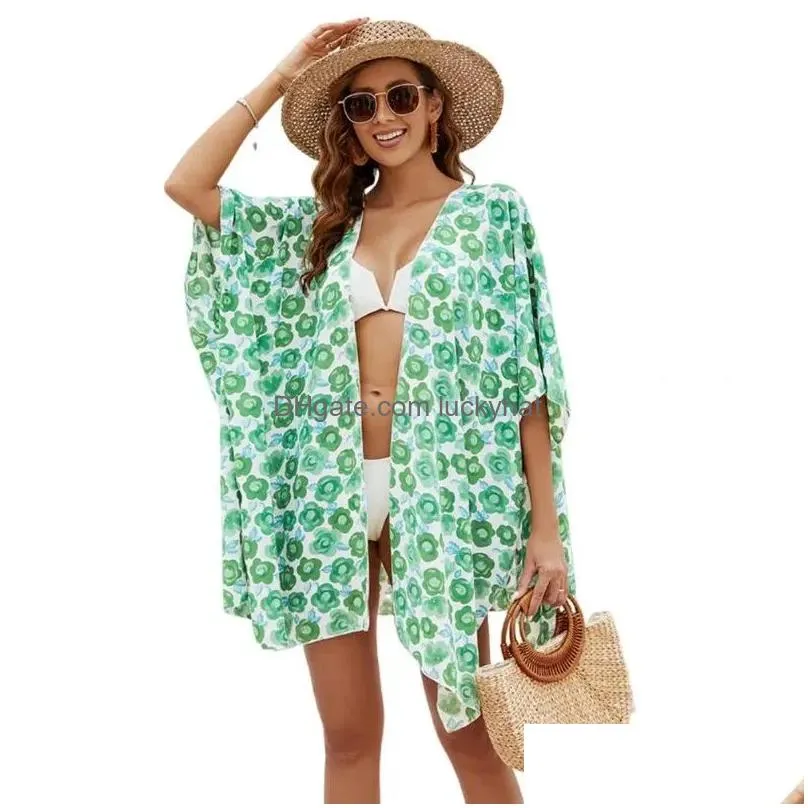 Scarves Summer Beach Poncho Flower Print Sunsn Loose Quick Dry Swimsuit Er-Up Open Beachwear Blouse Cardigan Holiday Bikini Drop Deli Dhsw0