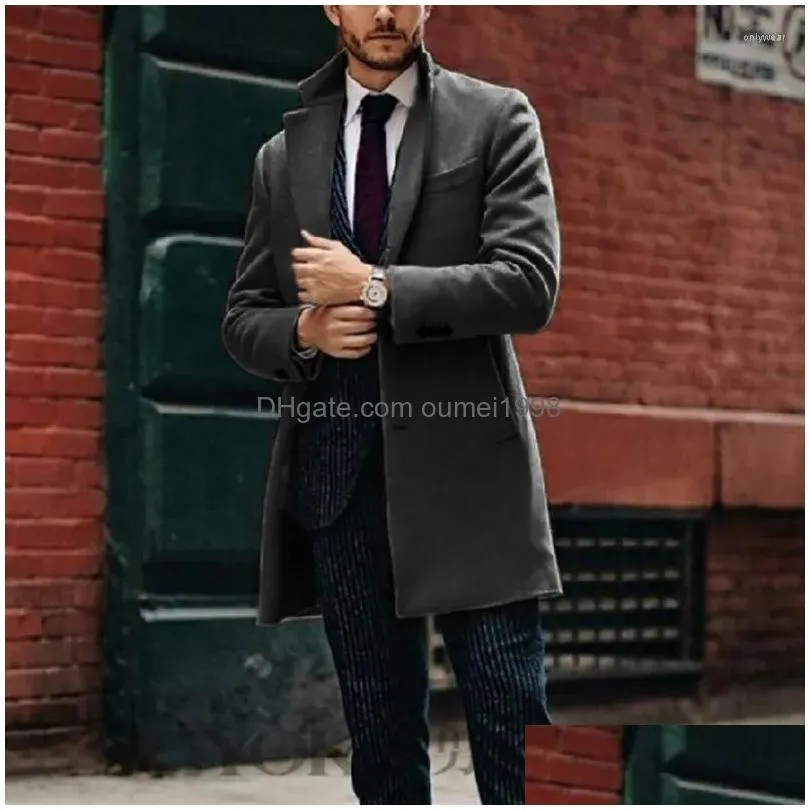Men`S Wool & Blends Mens Wool Autumn Winter Woolen Coat Men Casual Single Breasted Mid-Length Jacket Outwear Man Turn-Down Collar Soli Dhu5N