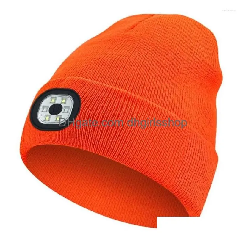 Berets Washable Led Cap Winter Warm Hat Rechargeable Waterproof High Brightness Illumination For Cam Night Jogging Drop Delivery Dhlez