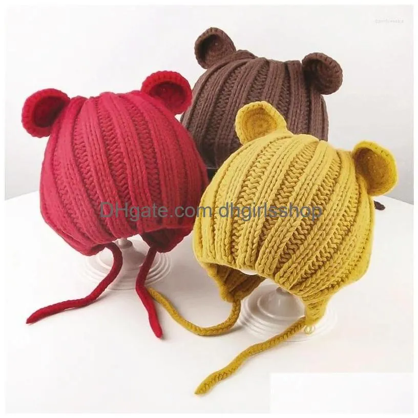 Berets Knitted Beanie Hat For Kids Childrens Warm Woolen Earmuffs Hats Baby Boys Girls Autumn Winter Lace-Up Handmade Caps Drop Deliv Dhlit