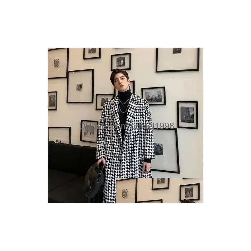 Men`S Wool & Blends Mens Wool 2023 Autumn Winter Korean Thick Temperament Houndstooth Long Woolen Coat Knee-Length British Style Windb Dhxwi