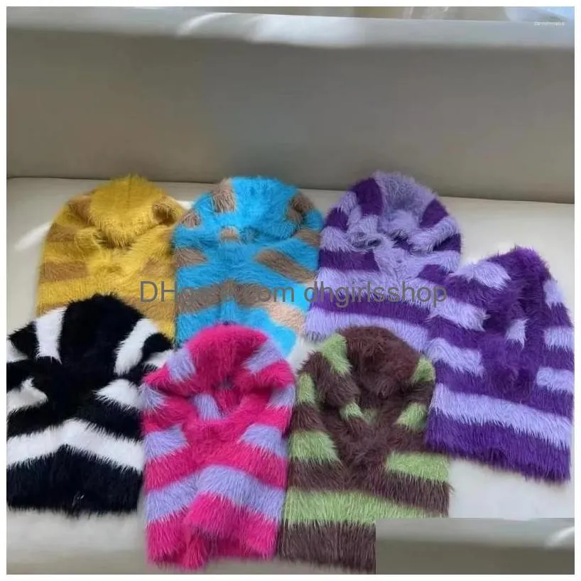 Berets Winter Design Clava Knitted Womens Hat Stripe Mink Hair Cap Bonnets For Female Personality Neck Warm Sklies Beanies Drop Deliv Dhp8Y