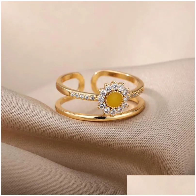 Cluster Rings Zircon Opal Sunflower For Women Open Adjustable Stainless Steel Gold Sier Color Finger Ring Couple Jewelry Anillos Drop Dhwvi