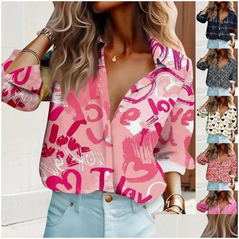 women`s hoodies shirt blouse valentine`s day love print button long sleeve casual basic collar regular top shirts & blouses