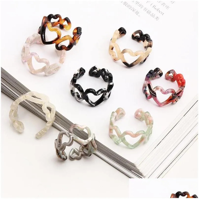 Cluster Rings Leopard Heart Vintage Colorf Plastic Twisted Hollow Finger Ring Geometric Opening Resin Acetic Acid Acrylic Drop Delive Dha2G