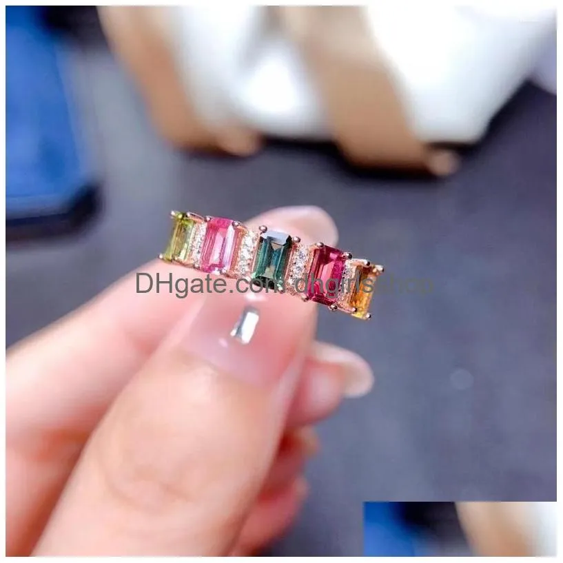 Cluster Rings Natural Mti-Color Tourmaline Ring For Woman M 5Mm Sier 925 Gemstone Jewelry Drop Delivery Dhot7
